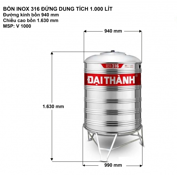 Bồn nước Tân Á Đại Thành dạng Đứng 1000 Lít (đã bao gồm chân)-2618